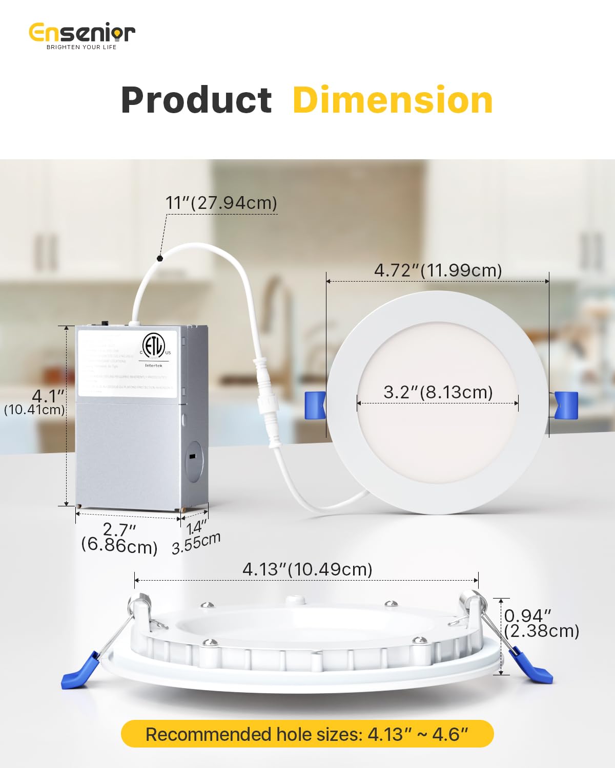 Ensenior 4 Inch LED Recessed Light, Dimmable 2700K-5000K, 750LM, 9W, ETL & FCC Certified, Ultra-Thin