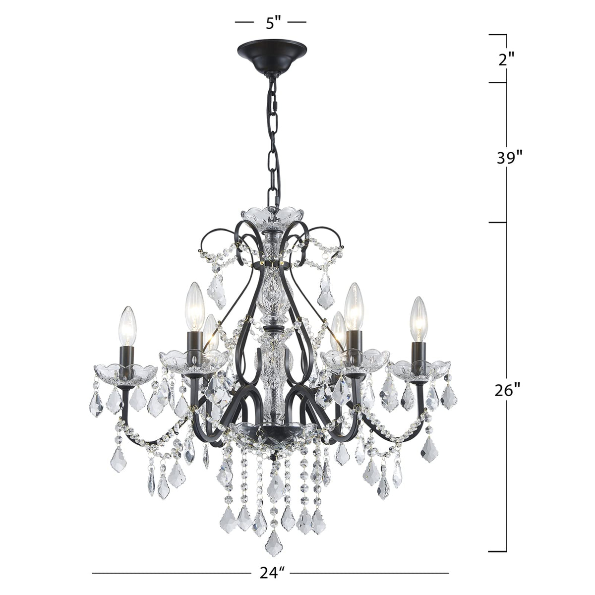 Bestier Black Vintage Candle Chandelier Lighting Fixture, 6 E12 Bulbs Required, D24in x H26in