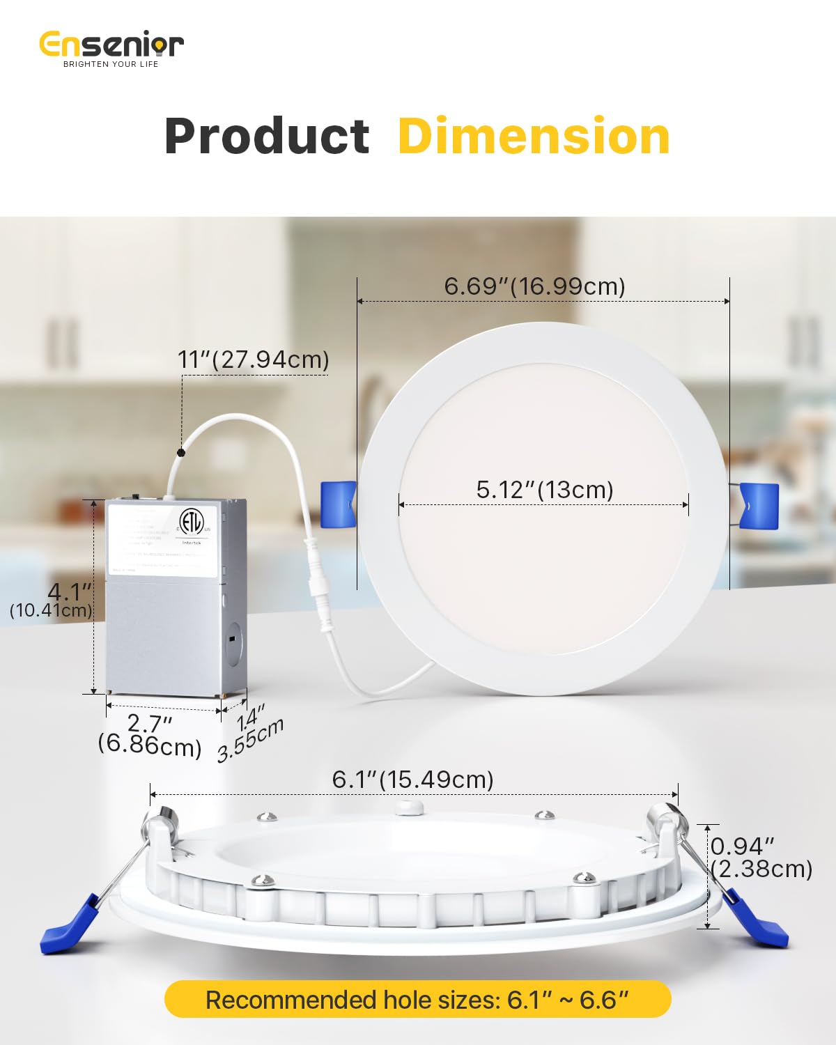 Ensenior 6 Inch Ultra-Thin LED Recessed Ceiling Light, 6000K Clear White, 12W, Dimmable, ETL Certified, Model 6I-600