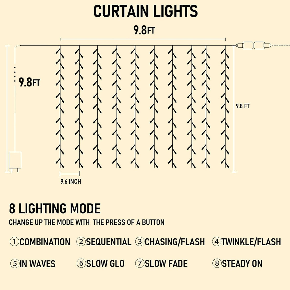 Dazzle Bright 300 LED Curtain String Lights, Connectable Waterproof, 8 Modes, Multicolor, Model CL-300CC