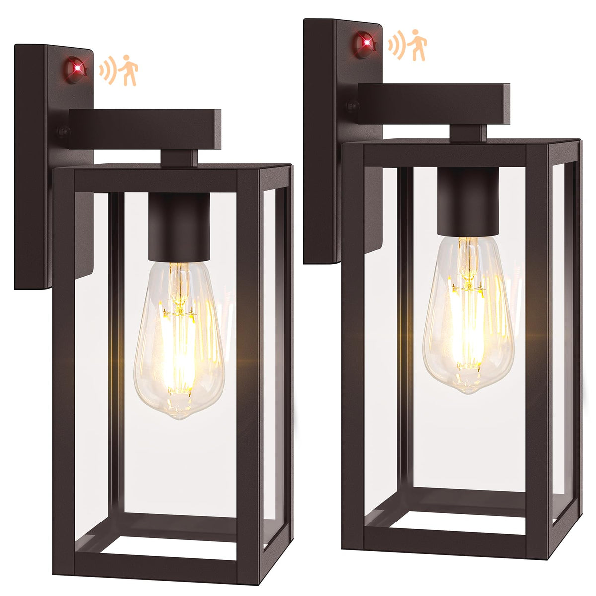 BesLowe 2-Pack Motion Sensor Outdoor Wall Lights, 13in, Brown, Metal, Model A923, Dusk to Dawn, 3 Lighting Modes
