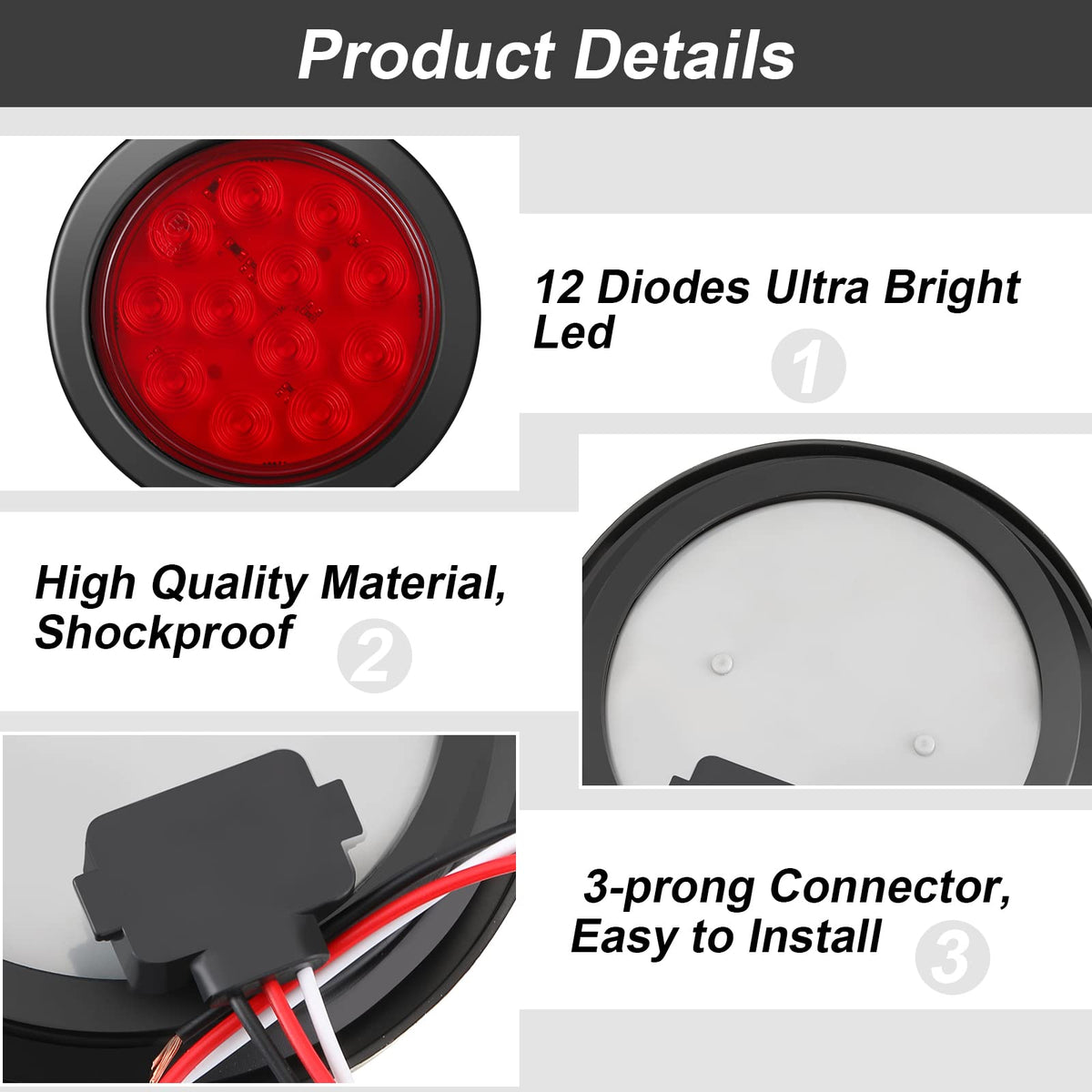 BBTO 12 Pcs 4 Inch Round LED Trailer Tail Lights, Waterproof Brake Stop Turn Marker Lights, Plastic, Red