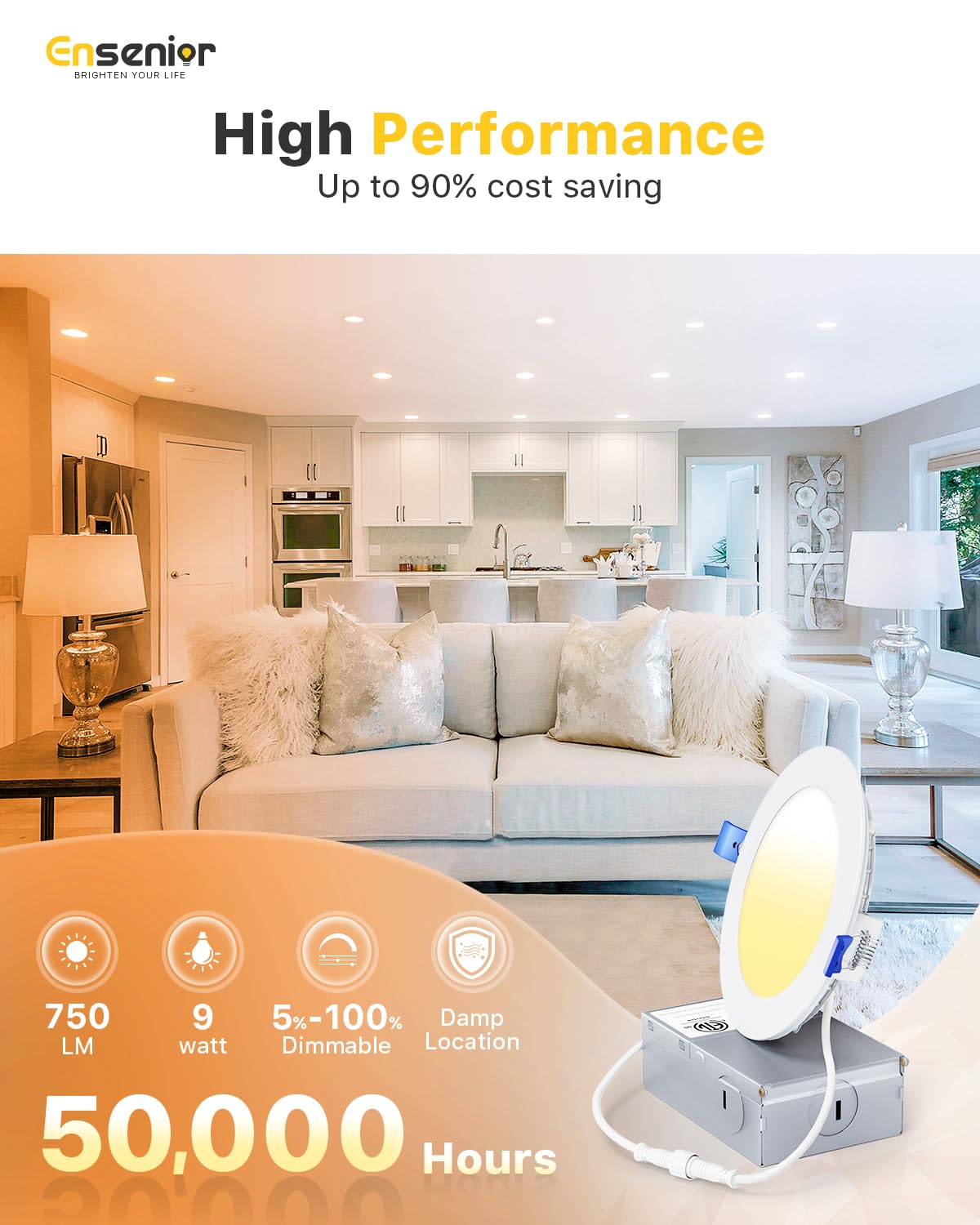 Ensenior 4 Inch Ultra-Thin LED Recessed Ceiling Light, 6000K Clear White, Dimmable, 9W 75W Eqv, ETL Certified,