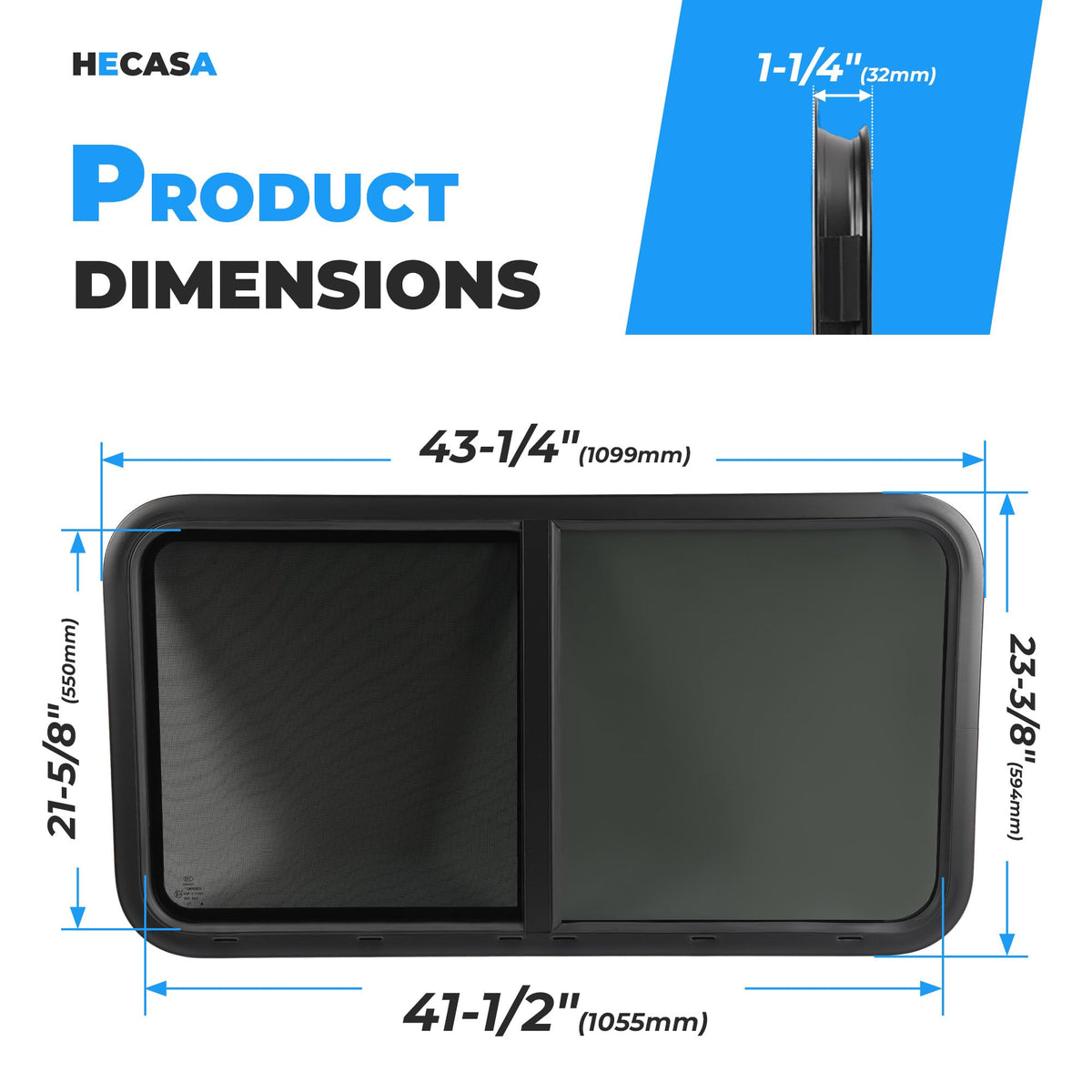 HECASA RV Window Teardrop Horizontal Sliding 42inW x 22inH, Tempered Glass, Powder Coated Black, Model MO-5414, 1PC