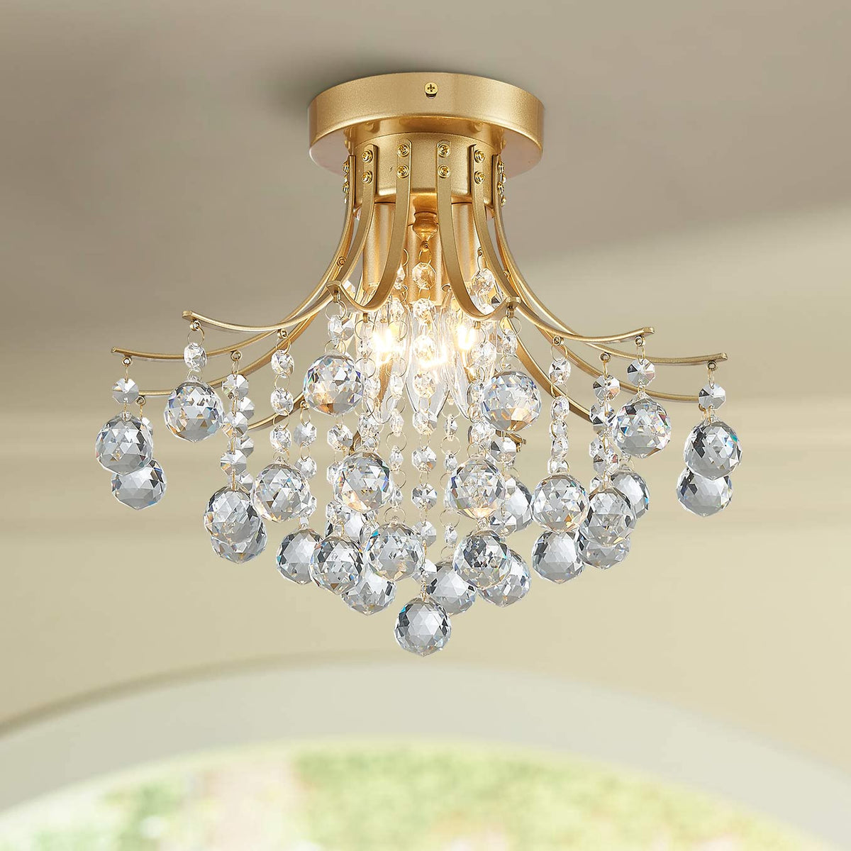 Bestier Modern Gold Crystal Semi-Flush Mount Chandelier, 3 E12 Bulbs, D13.5in x H11.6in, Ideal for Dining Room, Bathroom, Bedroom, Living Room