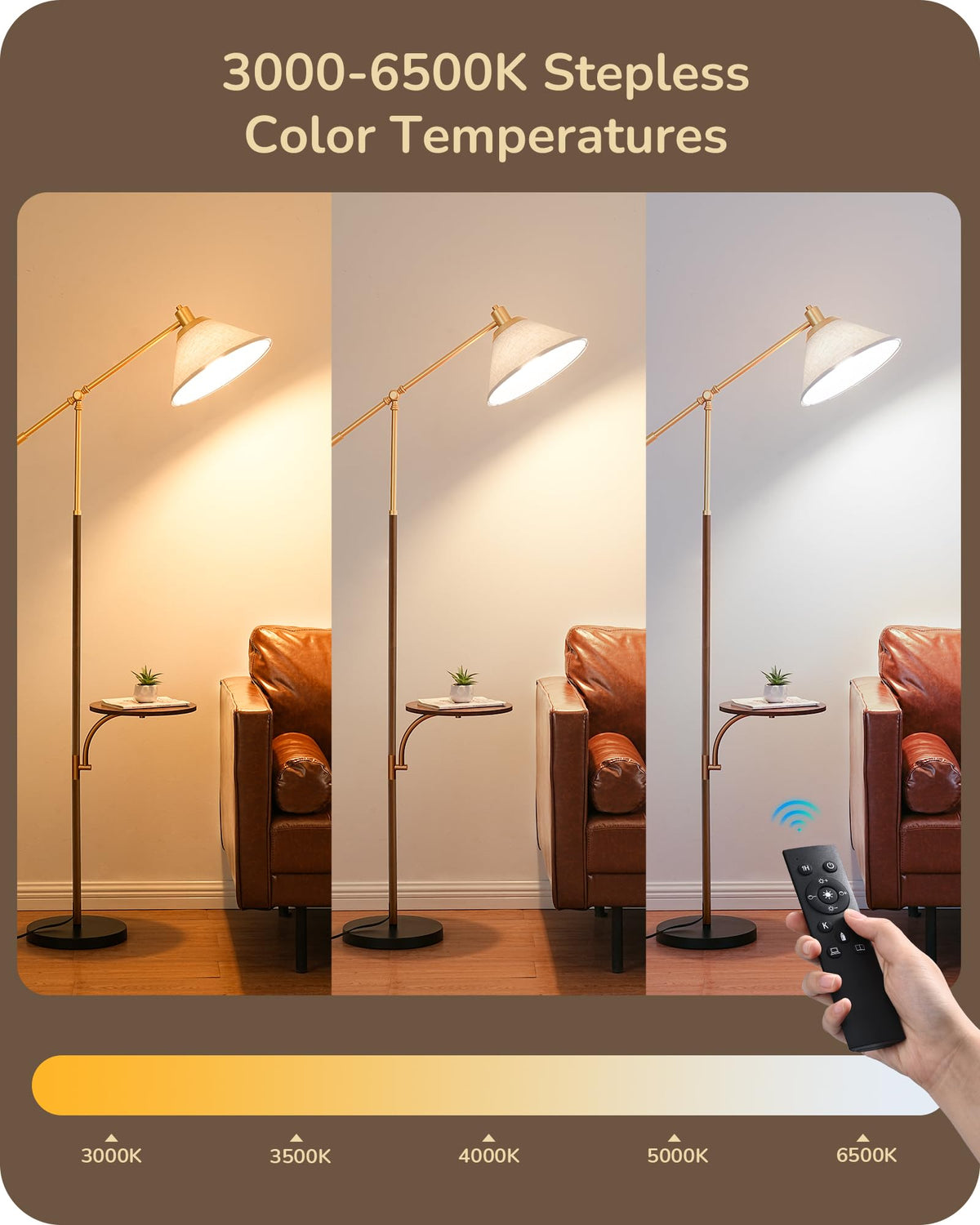 EDISHINE 68in Arc Floor Lamp, Vintage Standing Lamp with Beige Shade, Remote Dimmable Bulb, Walnut Wood Grain, Model HFLEF1