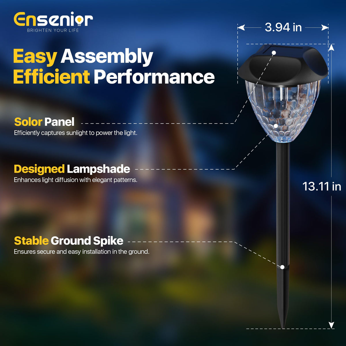 Ensenior 12-Pack Solar Garden Lights, Warm White LED, Auto ON/OFF, Waterproof, Plastic, Model CP3-10CM-30K-12-BL-ZY-M02