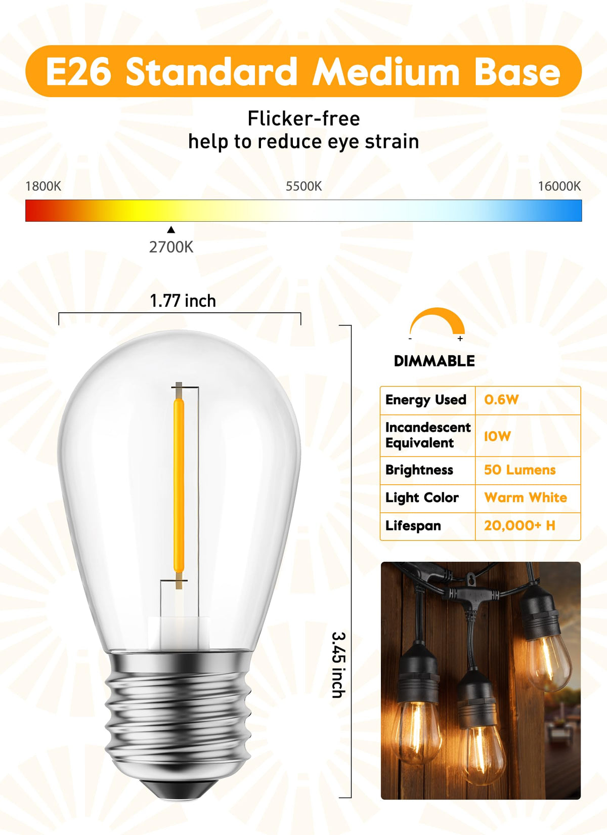 Minetom S14 Christmas Light Bulbs, 50 Pack, Glass, Waterproof, E26 Medium Base, Multicolor, 11 Watt