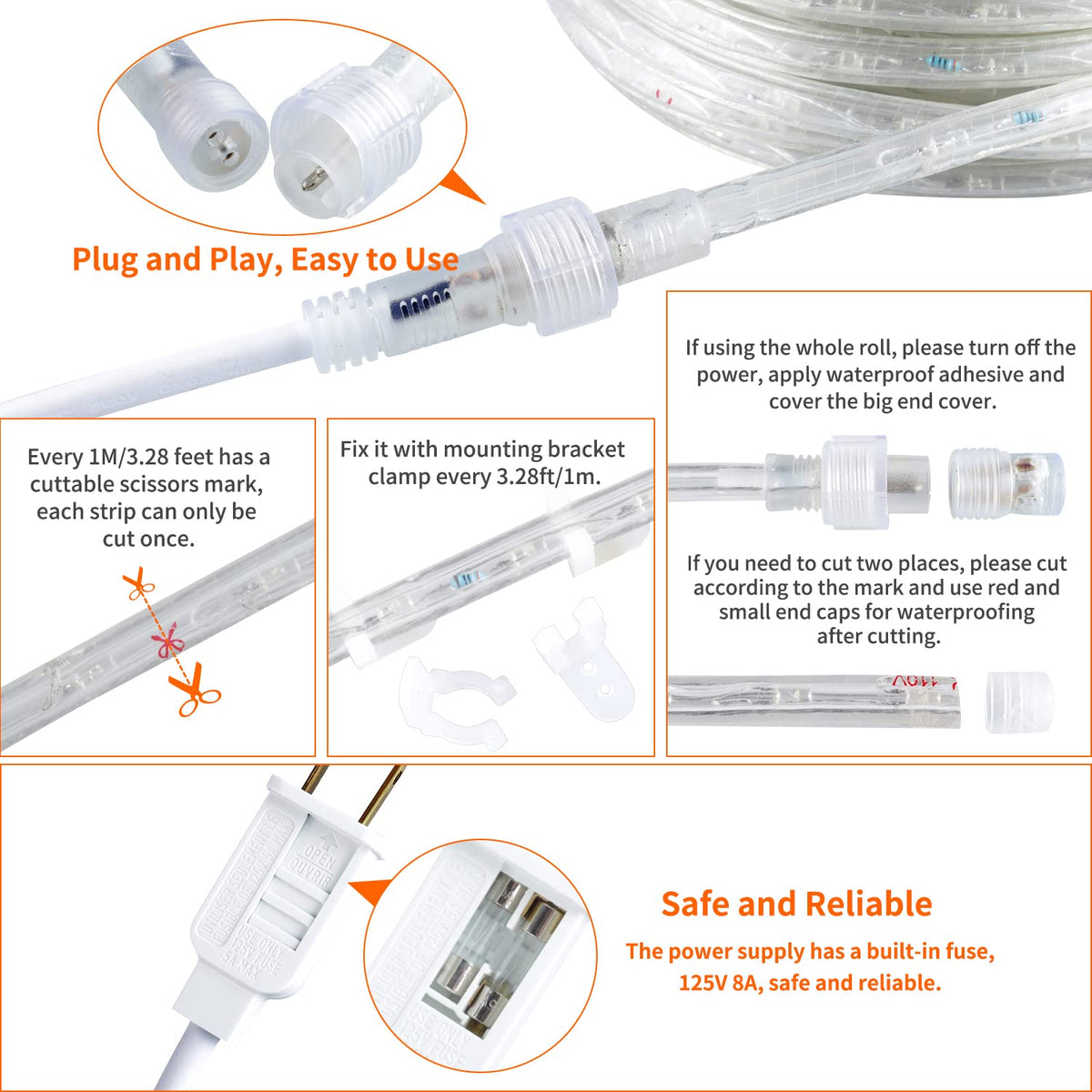 YQNLIFA LED Rope Lights, Dimmable 40ft, 432 LEDs, IP65 Waterproof, Warm White, Model WD12, Cuttable for Indoor/Outdoor Use