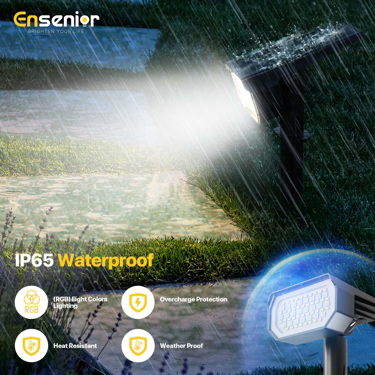 Ensenior Solar Spotlights Outdoor RGB Color Changing, 7+1 Modes, Automatic ON/OFF, Pack of 4, Waterproof Landscape Lighting