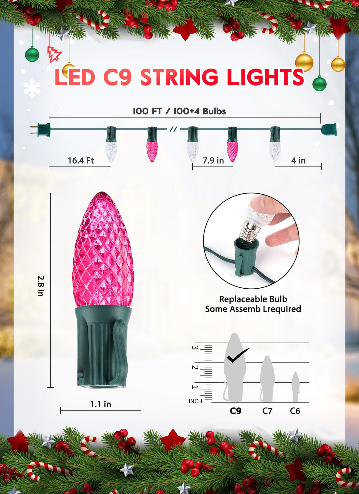 Minetom C9 Christmas String Lights, 100 LED, 100 FT, Waterproof, Pink and Pure White, Model GYPI-O100LAU