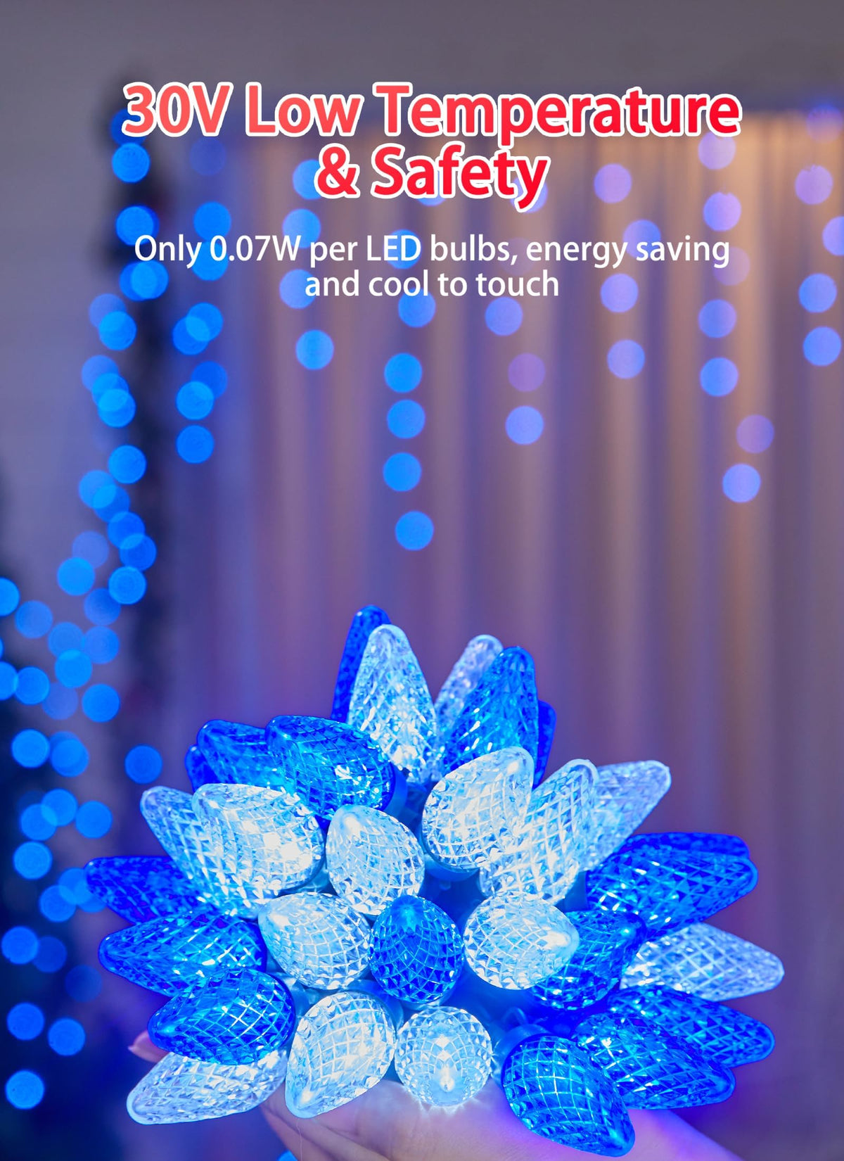 Minetom C9 LED Christmas String Lights - 82ft, 100 LEDs, Timer, 8 Modes, Plug-in, Blue and White