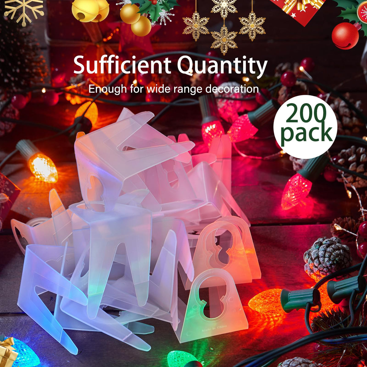 Minetom Shingle Tab Light Clips for C7 C9 Christmas Lights, 200 Pack, Outdoor Use, Model 7-shape-clip