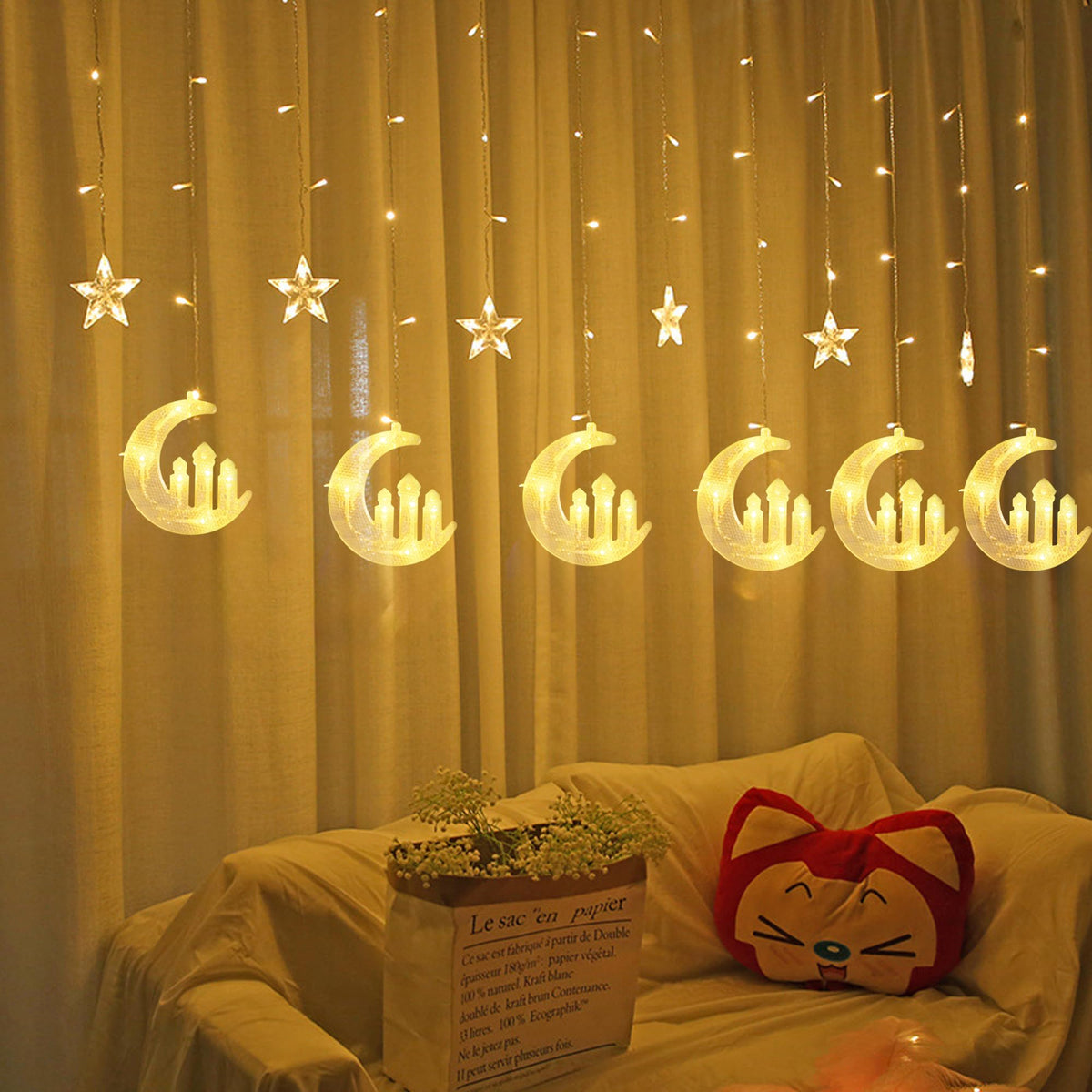 Dazzle Bright Curtain Fairy String Lights, 138 LED, 8 Lighting Modes, Warm White, Model HB-200COI, Perfect for Home Holiday Decor