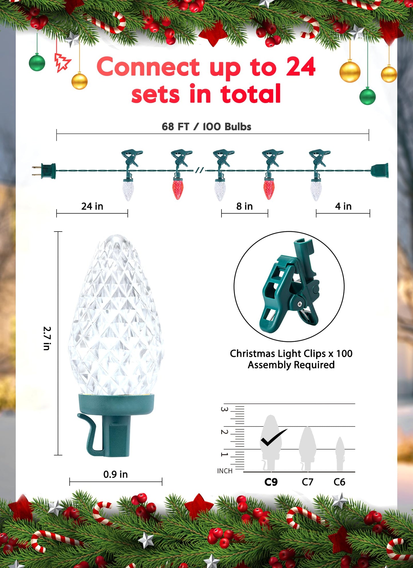 Minetom C9 LED Christmas Lights - 66 Feet, 100 Waterproof String Lights, Red & Pure White, Model GY-C9-X-33-3B, with 100 Spring Clips