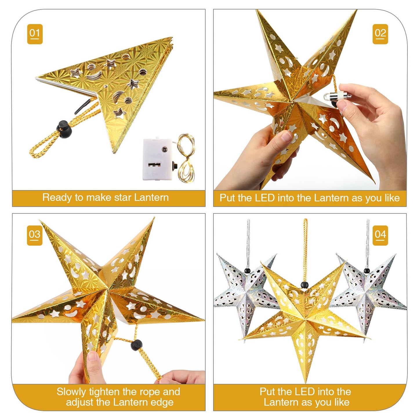 Zhanmai 3D Paper Star Lanterns with LED Lights, 11.8 Inch, Gold, 10 Pcs, Model Zhanmai-Lampshade-09, Christmas Hanging Decoration