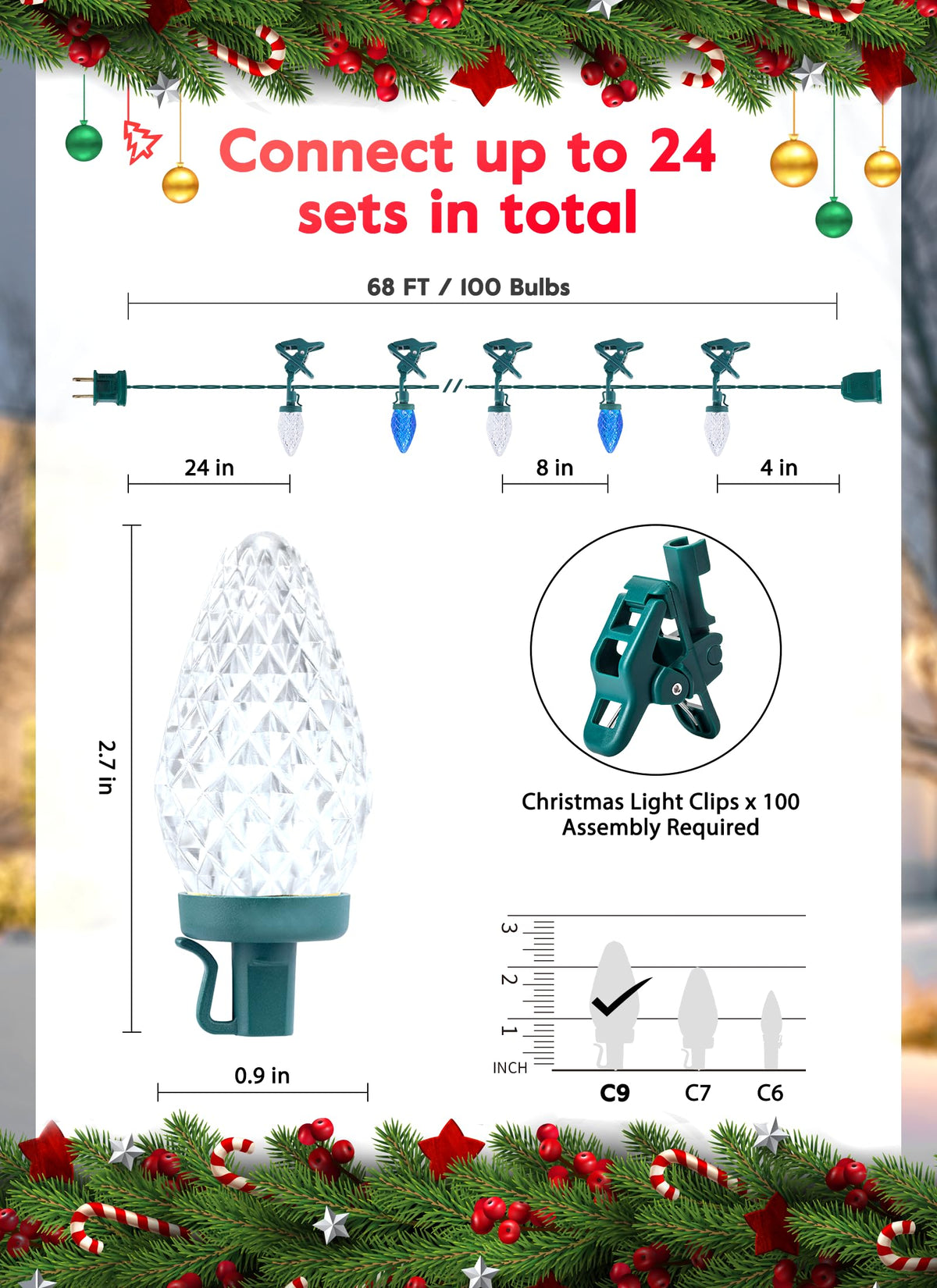 Minetom C9 LED Christmas Lights Outdoor, 68Ft, 100 LED, Waterproof, Blue & Pure White, Model GY-C9-X-33-3B