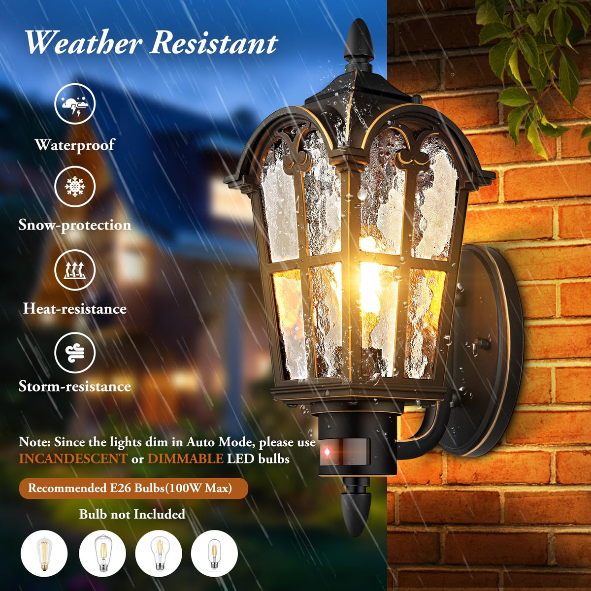 BesLowe 2-Pack Motion Sensor Outdoor Wall Lights, Black with Gold Trim, Metal, Model B06068PG(2PK)