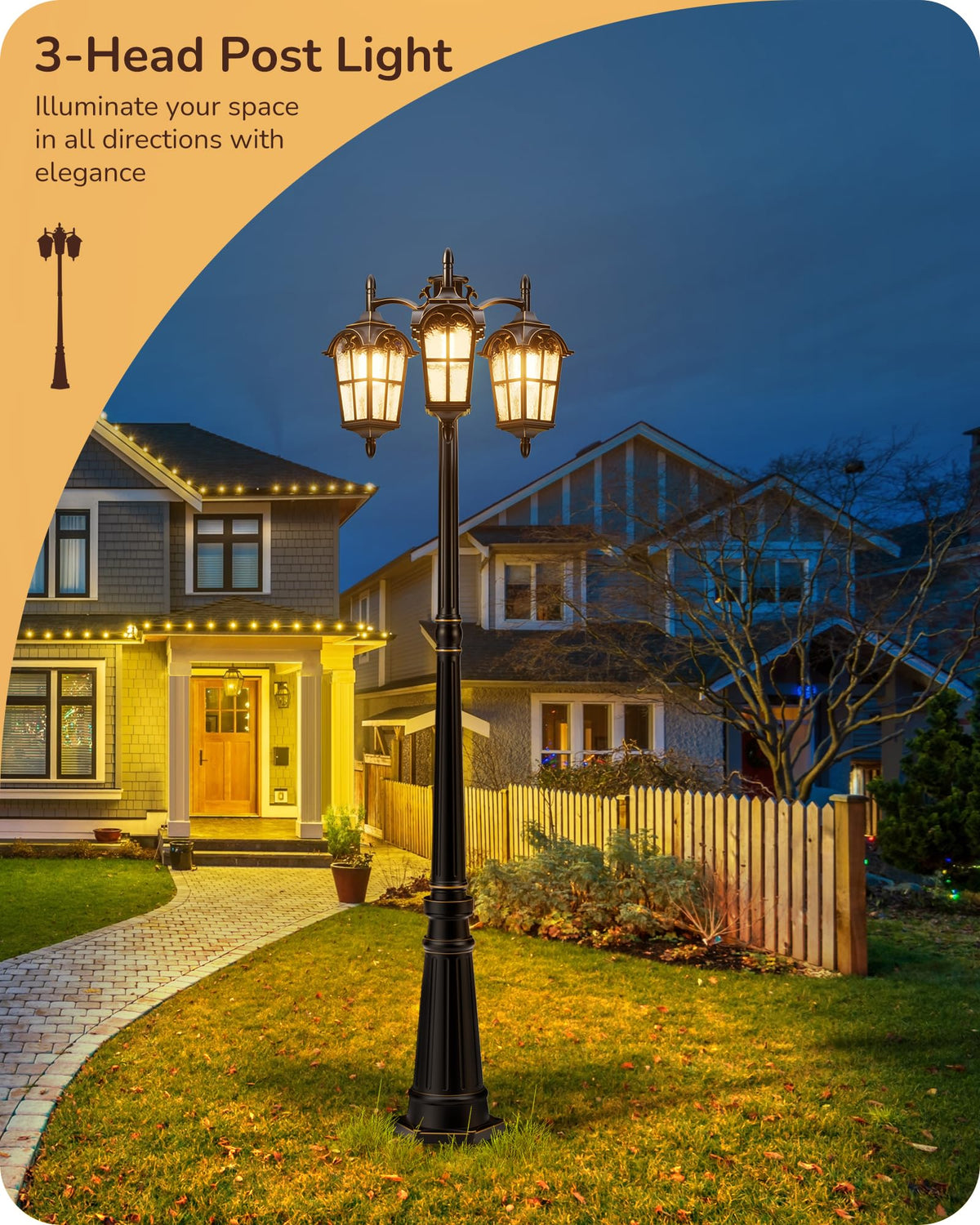 EDISHINE 3-Head Outdoor Lamp Post Light, Aluminum, Extra Large, Black and Gold, Model HOPL05A