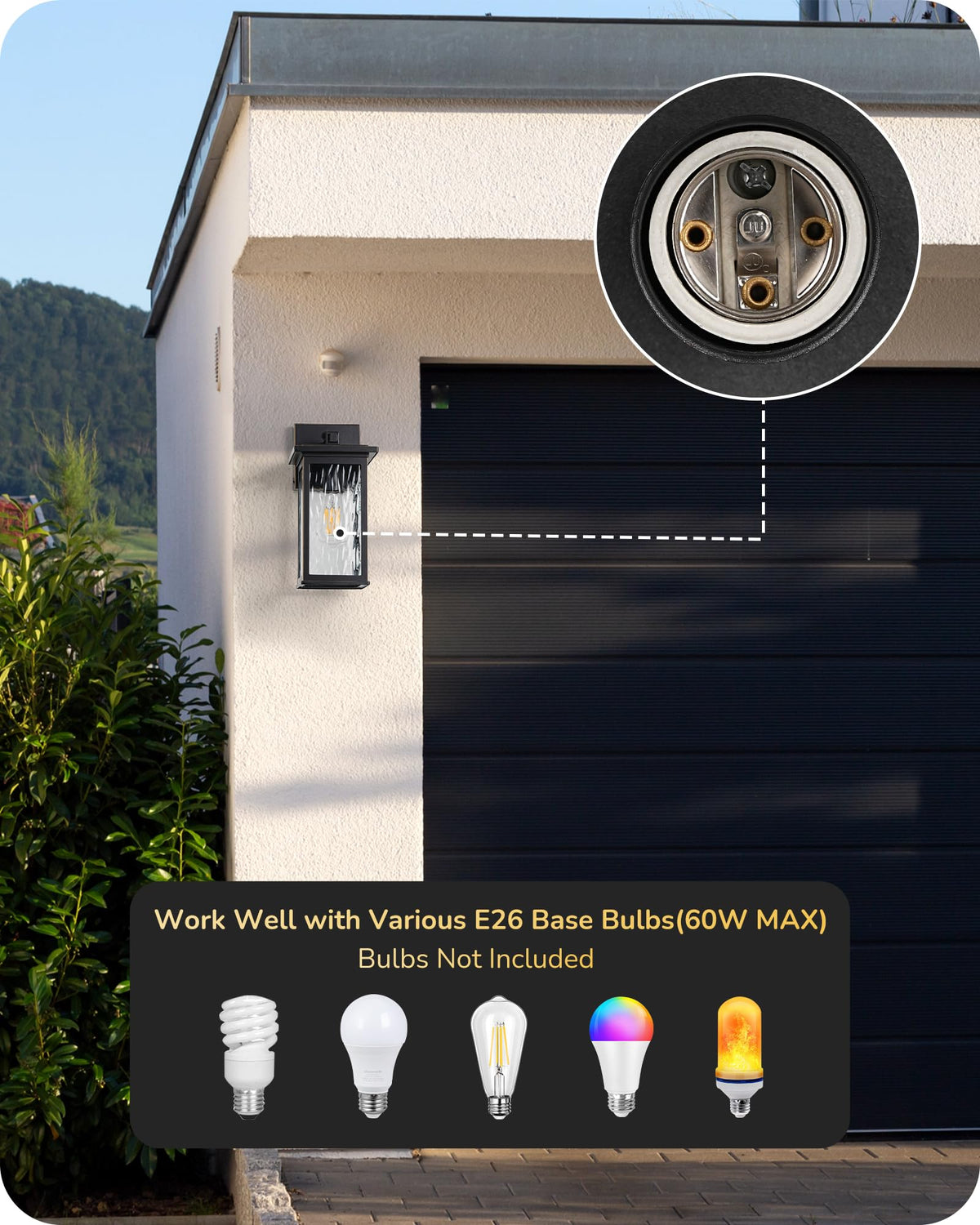EDISHINE Outdoor Wall Light, Modern Dusk to Dawn Fixture, Aluminum, Black, Clear Water Ripple Glass, Model HOWL06T