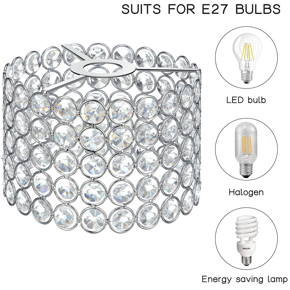 Boao Crystal Lamp Shade Chandelier, Warm White, 7 x 7 x 4.3 Inch, Silver, Model: Boao-Pendant Lights-p1432