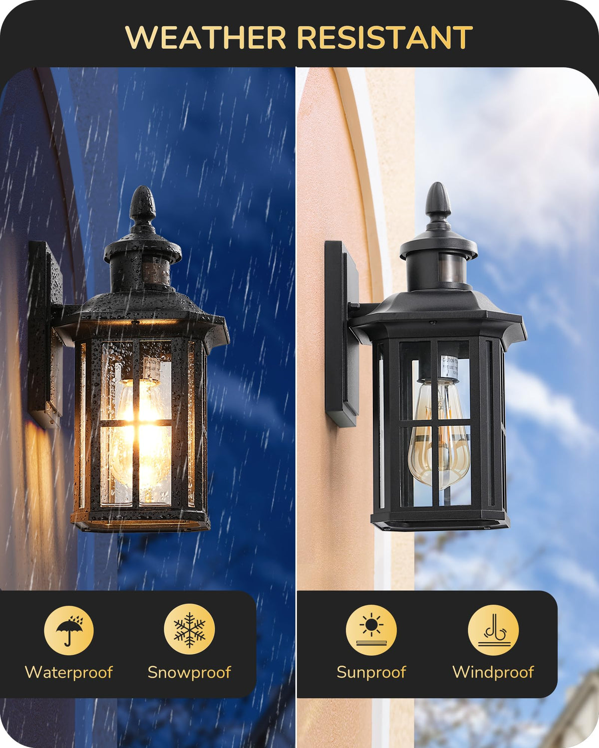 EDISHINE Motion Sensor Outdoor Wall Light Fixture, Black Aluminum Sconce, Dusk to Dawn, Model HOWL07